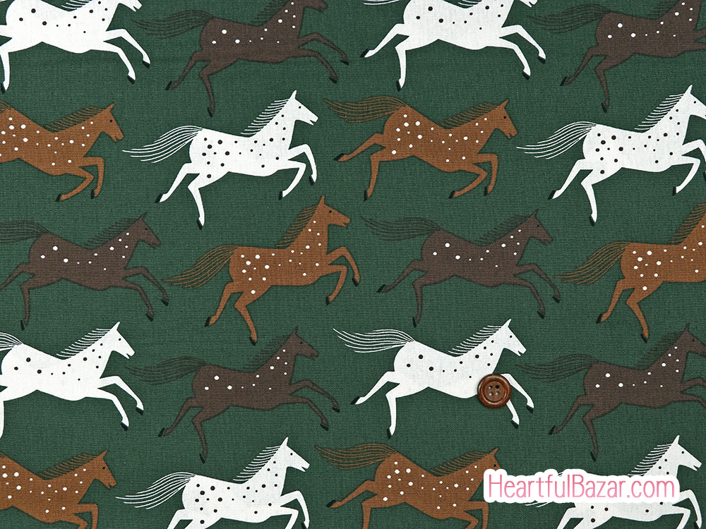(110x76)COTTON+STEEL Wild & Free 野生馬 綿麻キャンバス グリーン